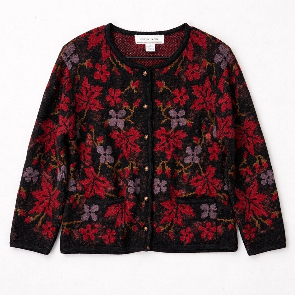 Crystal‎ Kobe Vtg Floral Leaf Knit Cardigan Sweater Dark Fairy S Maximalist